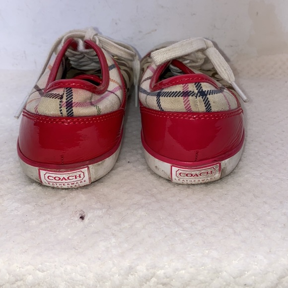 Rare Coach Zorra Brown & Hot Pink Plaid Signature Print Lace Up Sneakers 6.5 B - Picture 6 of 8